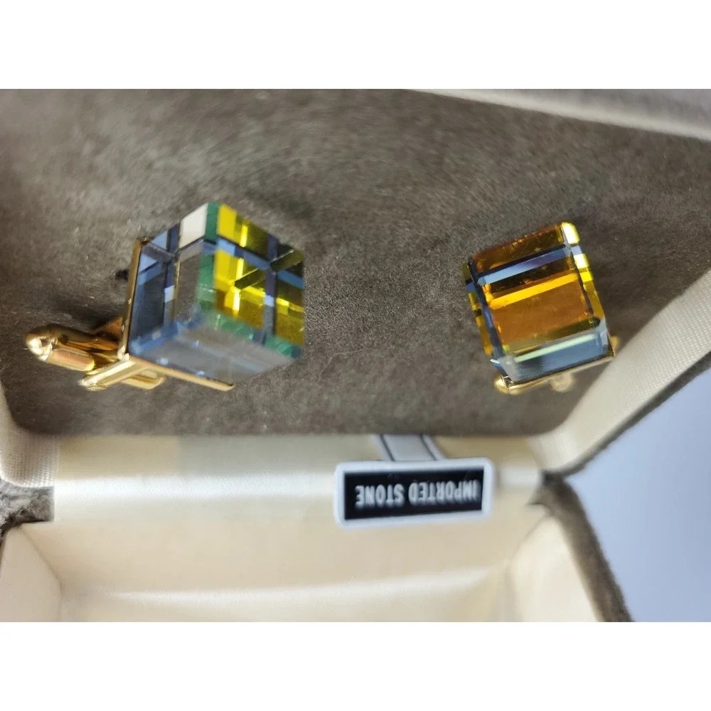 Vtg Cubic Prism Crystal Quartz Goldtone Cufflinks Levy's‎ Mens Wear Original Box